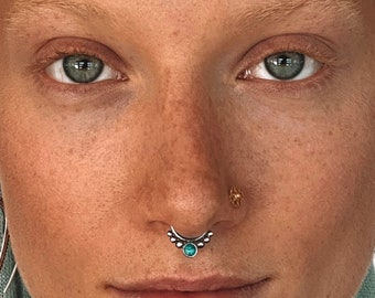 Tri-Dev Turquoise Silver Septum Ring - Septum Jewelry - Septum Piercing - 16G Septum Ring - Indian Septum Ring - (S19)