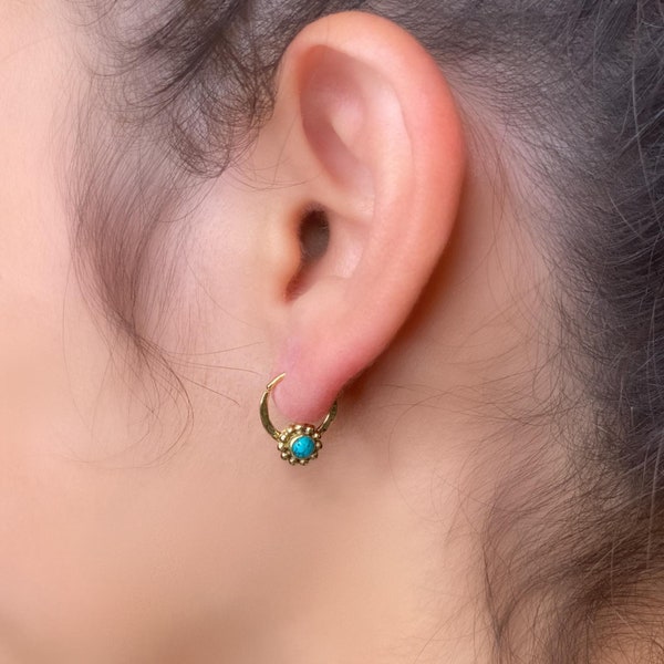 Single Hoop Turquoise Earring, Brass Huggie Earring, Small Indian Earring, Tiny Tribal Earring, Mini Hoop Earring, Boho Gemstone Earring