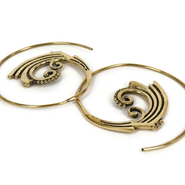 Unique Spiral Hoop Bronze Earrings, Large Brass Earrings, Statement Earrings, Tribal Earrings, Ethnic Jewelry, Bohemian Earrings