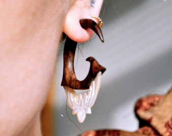 Tribal Wooden Shell Faux Gauge Earrings, Surgical Steel