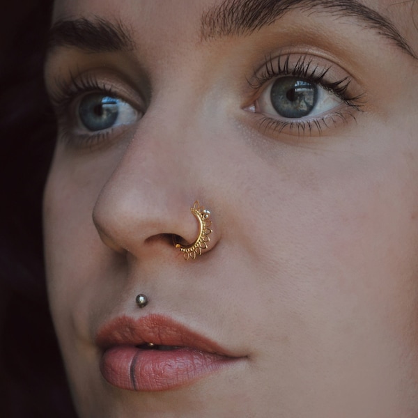 Indian Nose Ring, Gold Nose Ring Hoop, Tribal Nose Ring, Nostril Piercing, Ethnic Sun Nose Ring, Tribal Nose Jewelry, Gold Nose Jewelry