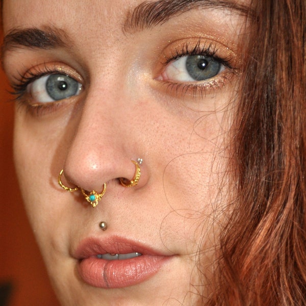 Indian Nose Ring, Gold Nose Ring, Tribal Nostril Ring, Nostril Piercing, Turquoise Gemstone Nose Ring, Ethnic Nose Ring, Boho Nose Ring