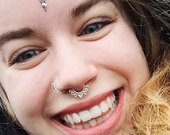 Fake Septum Ring, Mandala Septum Jewelry, Silver Septum Ring, Lotus Septum Ring, Faux Septum Piercing, Tribal Indian Septum Cuff