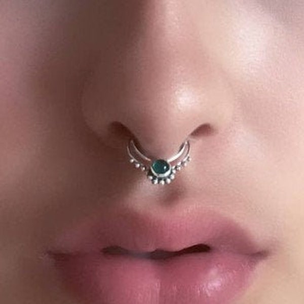 Green Onyx Silver Septum Ring - 16G Septum Ring - Septum Jewelry - Septum Piercing - Tribal Septum Ring - Indian Septum Ring (S35)