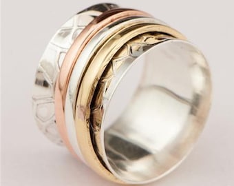 Des spinner Ring - Anneau de méditation - Anneau anti-stress - Trois anneaux en métal - Anneau multi-métaux - Anneau métallique mixte - Anneau unisexe - Anneau de yoga