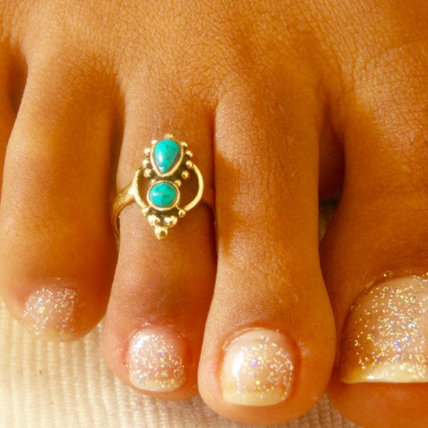 Brass Toe Ring - Adjusable Toe Ring - Gemstone Toe Ring - Turquoise Toe Ring - Foot Accessories - Foot Ring - Band Toe - Foot Jewelry (T39B)