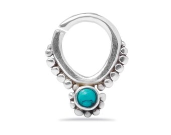 Sterling Silver Tribal Septum Ring, Turquoise Gemstone 16G (7mm)