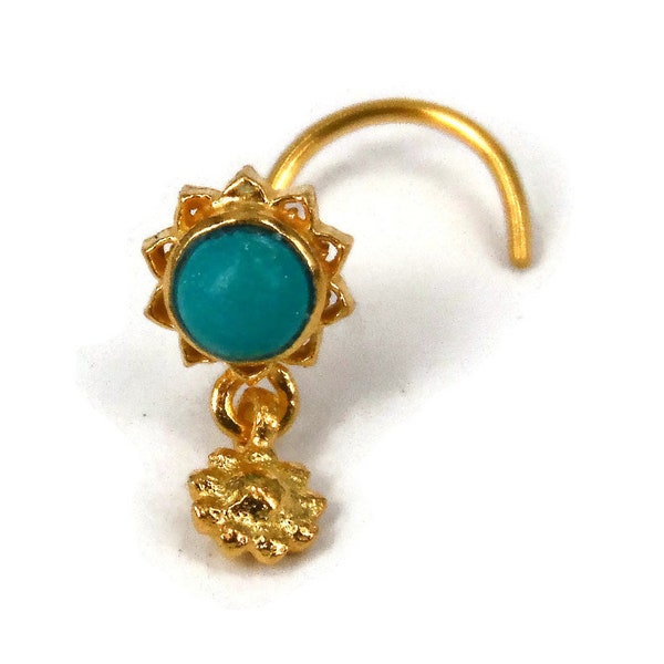 Unique Dangle Nose Stud, Turquoise Nose Stud, Gold Plating Nose Piercing, Indian Nose Jewelry, Tribal Nostril Jewelry, Flower Nez Piercing