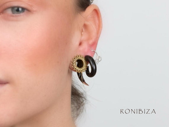 Boucles D'oreilles Spirale En Laiton Doré Avec Pierre Turquoise - Faux écarteur, Neuf Avec étiquettes