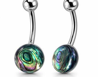 May include: Two curved barbell body jewelry pieces featuring a polished silver-tone metal shaft and a spherical top bead. The bottom end of each piece is a circular setting containing a smooth, iridescent abalone shell inlay with swirling green, blue, and purple tones.