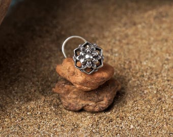 Sterling Silver Lotus Nose Stud, Indian Tribal Nose Piercing