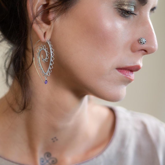 Silver Plated Spiral Earrings – Tribal Gypsy Amethyst Dangle, ES52