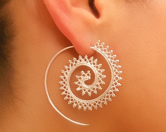 Silver Earrings - Silver Spiral Earrings - Gypsy Earrings - Tribal Earrings - Ethnic Earrings - Indian Earrings - Statement Earrings (ES3)