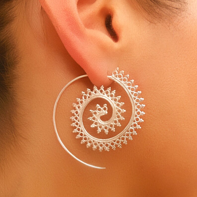 Silver Earrings - Silver Spiral Earrings - Gypsy Earrings - Tribal Earrings - Ethnic Earrings - Indian Earrings - Statement Earrings (ES3) 
