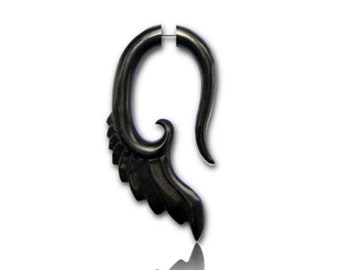 Wing Carved Black Wood Fake Gauge Earrings