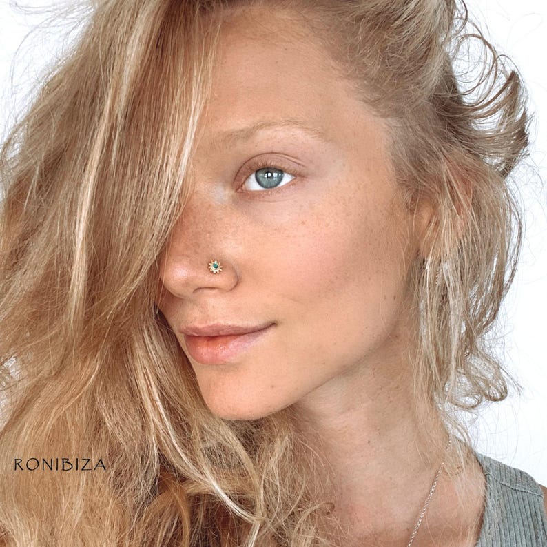 Green Onyx Gold Nose Stud, Tribal Nostril Jewelry, 20G image 1