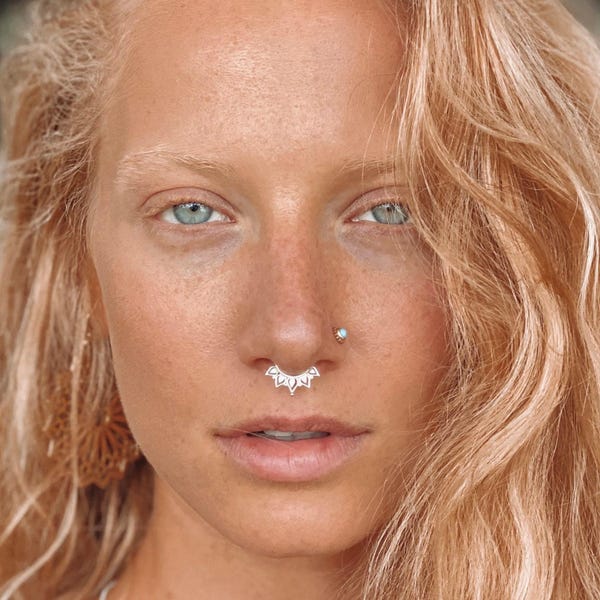 Sterling Silver Lotus Septum Ring, Tribal Boho Nose Piercing Jewelry
