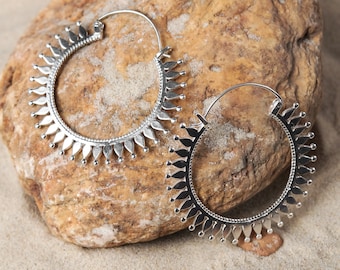 Sterling Silver Hoop Earrings, Boho Ethnic Tribal Jewelry, 5cm