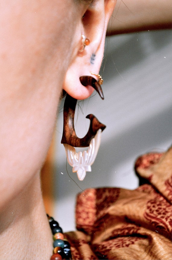 Wooden Earrings Tribal Shell Earrings Faux Gauge Earrings Fake