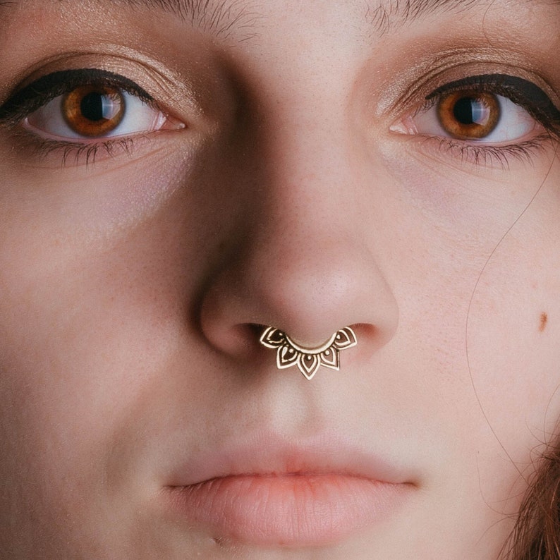 Tribal Flower Septum Ring, 16 Gauge Septum Piercing Ring, Septum Nose Piercing, Gold Septum Ring, Unique Tribal Septum Ring image 1