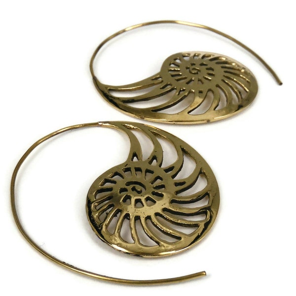 Large Nautilus Earrings, Brass Statement Earrings, Seashell Earrings, Spiral Gypsy Earrings, Tribal Hoop Earrings, Ethnic Bronze Jewelry