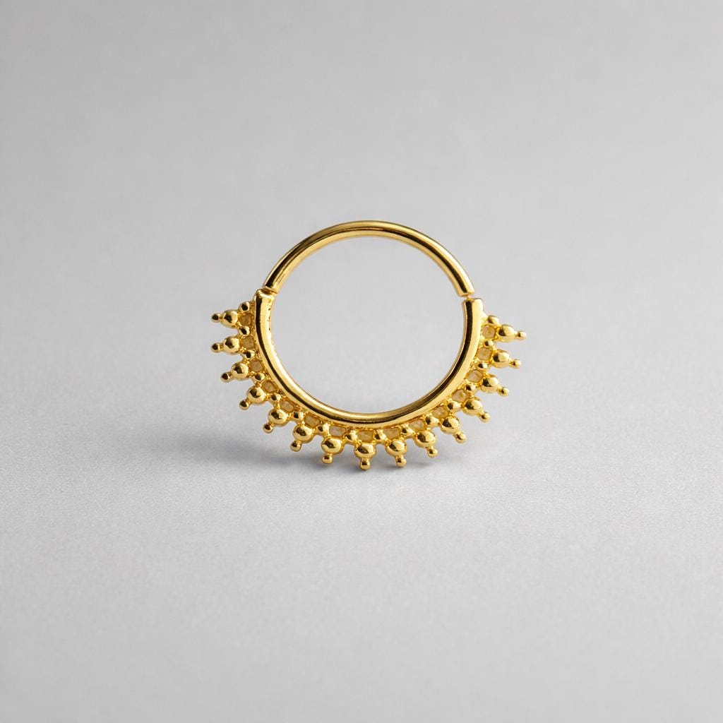 Dainty Gold Indian Nose Ring, Tribal Ornate Nostril Piercing, 20g