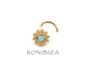 Turquoise Nose Stud, Gold Indian Nose Stud, Tribal Nose Jewelry, Small Nose Piercing 20G, Tiny Nostril, Curved Nose Stud, Nose Screw Stud
