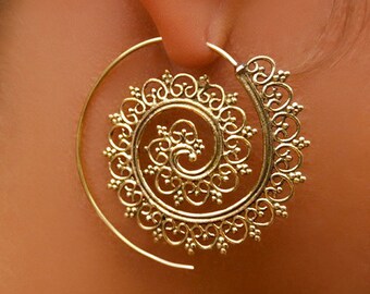 Brass Earrings - Brass Spiral Earrings - Gypsy Earrings - Tribal Earrings - Ethnic Earrings - Indian Earrings - Statement Earrings (EB1)