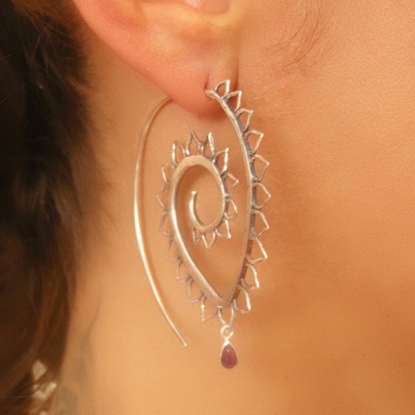 Silver Earrings - Silver Spiral Earrings - Gypsy Earrings - Tribal Earrings - Ethnic Earrings - Indian Earrings - Statement Earrings (ES52)
