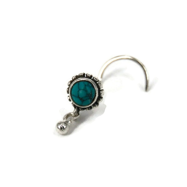 Turquoise Nose Stud, Dangle Nose Stud, Silver Nez Piercing, Indian Nose Piercing, Tribal Nose Stud, Nose Jewelry, Nostril Jewelry