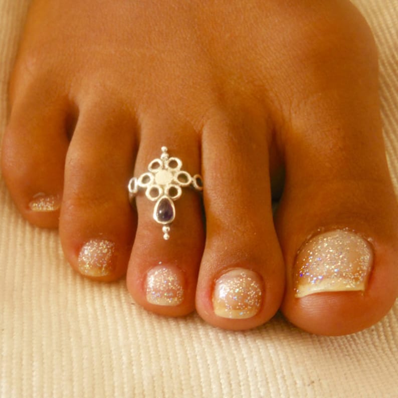 Anello Per Dito Del Piede Con Fiore E Zirconi - Argento Placcato, Cristalli Glitter, Regolabile