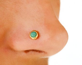 Small Turquoise Nose Stud, Gold Plated Sterling Silver, 20 Gauge