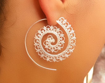 Silver Earrings - Silver Spiral Earrings - Gypsy Earrings - Tribal Earrings - Ethnic Earrings - Indian Earrings - Statement Earrings (ES1)