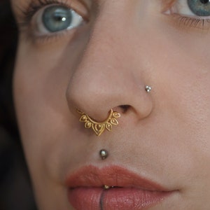 Tribal Flower Septum Ring, 16 Gauge Septum Piercing Ring, Septum Nose Piercing, Gold Septum Ring, Unique Tribal Septum Ring image 7