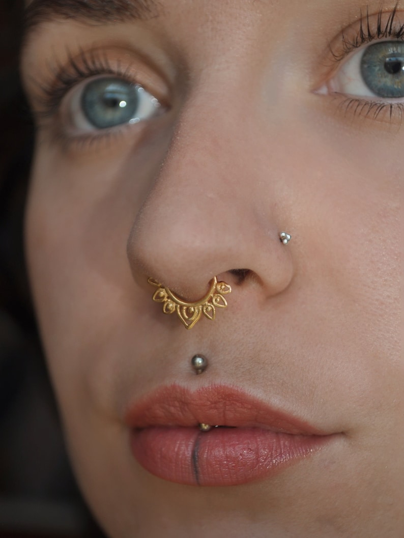 Tribal Flower Septum Ring, 16 Gauge Septum Piercing Ring, Septum Nose Piercing, Gold Septum Ring, Unique Tribal Septum Ring image 7