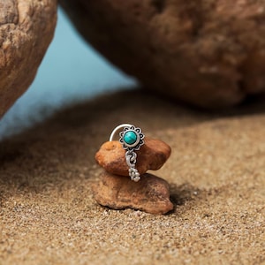 Turquoise Dangle Sterling Silver Nose Stud, Tribal Nostril Piercing