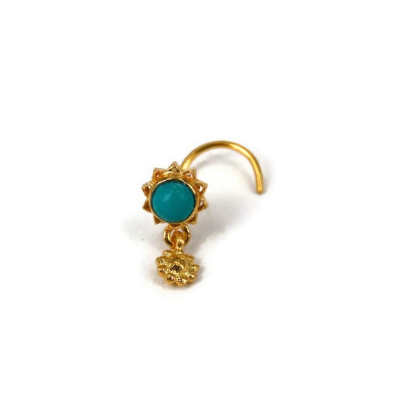 Turquoise Flower Dangle Nose Stud, Gold Plated Sterling Silver, Indian Piercing