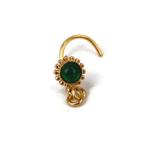 Green Gemstone Nose Stud, Dangle Nose Stud, Gold Plating Nose Piercing, Indian Nose Jewelry, Tribal Nose Piercing, Flower Nostril Jewelry