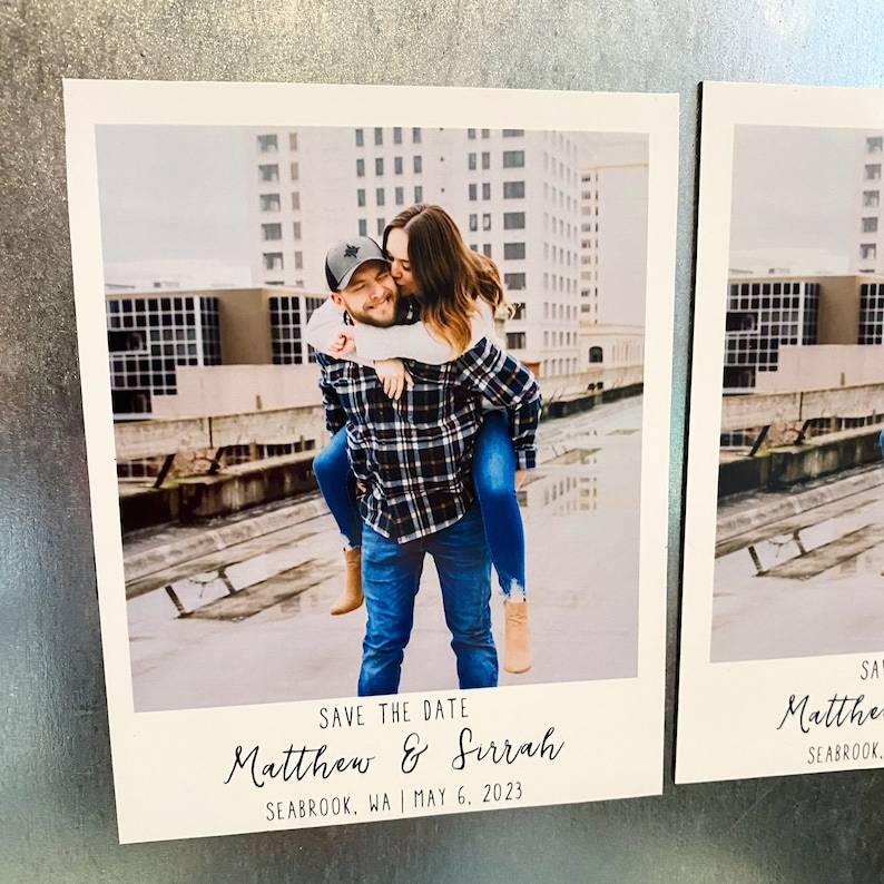 May include: Save the date card with a photo of a couple in an urban setting. The text reads "Save the Date Matthew & Sirrah Seabrook, WA | May 6, 2023".