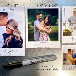 May include: Four different sizes of wedding save the date magnets with photos of couples. The magnets are white with black text and are available in 4x5 inches, 3.5x4.25 inches, 3x3.75 inches, and 2x2.5 inches. The text on the magnets says "Save the Date", "Thank You", "Lindsay & Jared", and "Santiago & Jessica".