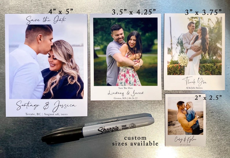 May include: Four different sizes of wedding save the date magnets with photos of couples. The magnets are white with black text and are available in 4x5 inches, 3.5x4.25 inches, 3x3.75 inches, and 2x2.5 inches. The text on the magnets says "Save the Date", "Thank You", "Lindsay & Jared", and "Santiago & Jessica".