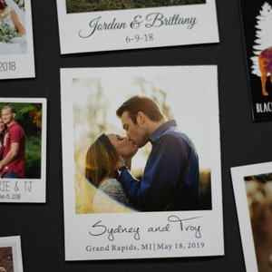 May include: A collection of wedding announcement photos with the names of the couples and their wedding dates. The photos are in a Polaroid style frame with a white border.