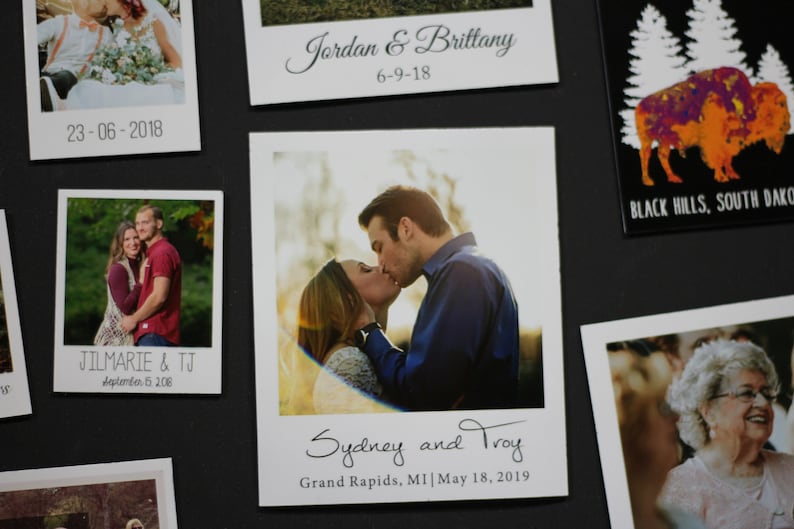 May include: A collection of wedding announcement photos with the names of the couples and their wedding dates. The photos are in a Polaroid style frame with a white border.