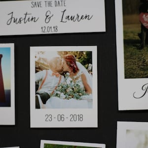 May include: A collage of wedding save the dates with photos of couples. The photos are in a Polaroid style frame with the couple's names and wedding dates printed below. The dates are in the format MM-DD-YYYY. The photos show a couple kissing, a couple standing on a platform, and a couple with a dog.