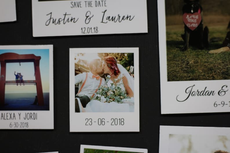 May include: A collage of wedding save the dates with photos of couples. The photos are in a Polaroid style frame with the couple's names and wedding dates printed below. The dates are in the format MM-DD-YYYY. The photos show a couple kissing, a couple standing on a platform, and a couple with a dog.