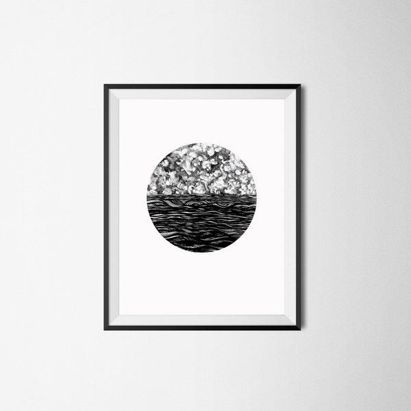 Nautical Print/ Ocean Print/ Sea Illustration/ Clouds Print/ Waves Wall Decor/ Black and White Print/ Pen Illustration/ Ink Drawing