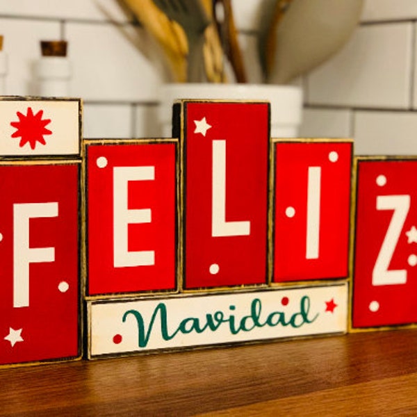 Christmas Feliz Navidad Word Blocks - Christmas sign decor - farmhouse Christmas decor - shabby chic rustic Christmas Gift vintage style