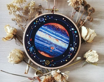 Jupiter, gaseous planet, hand embroidery