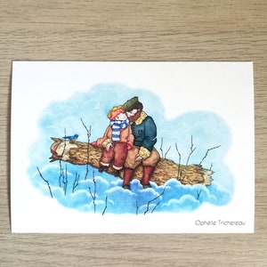 Nonno e nipote, cartolina postale, carta riciclata, illustrazione originale.
