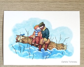 Grandpa and grandson, post card, recycled paper, original illustration.